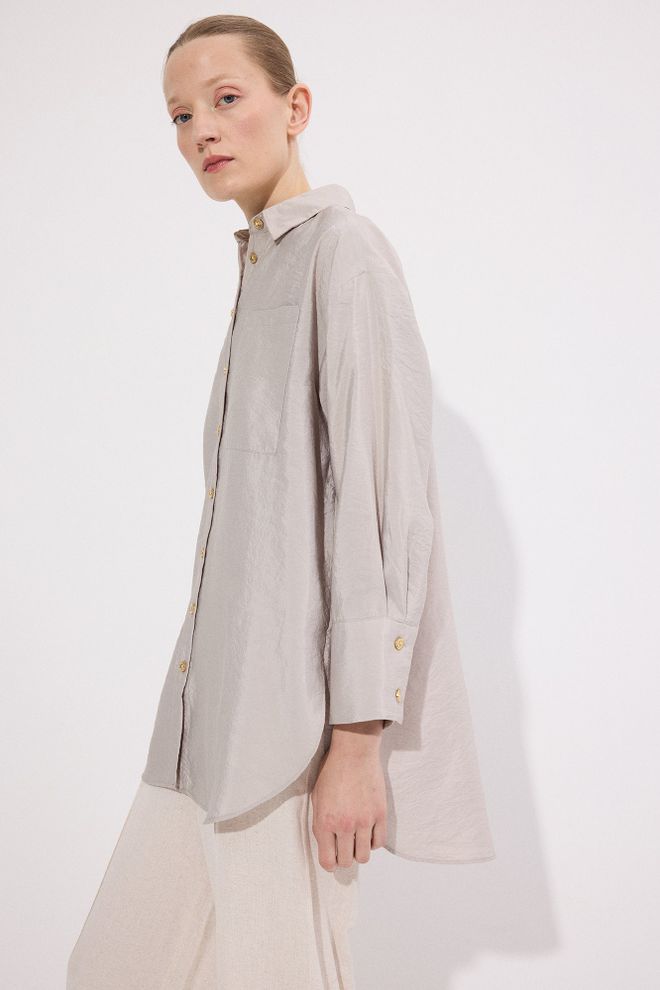 Touche Prive Beige Oversized Fit Polo Neck Long Sleeve Shirt Wholesale Clothing Spring