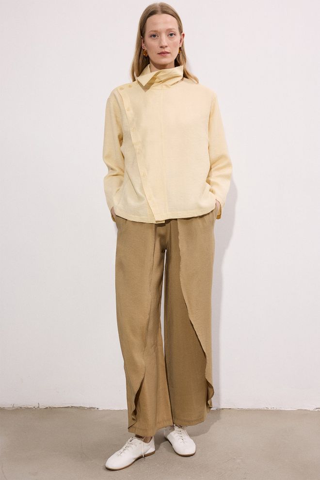 Touche Prive Chaki Palazzo Kelnės Plati Koja Su Užtrauktuku Didmeninė prekyba drabužiais Apykaklė su įkirpimu