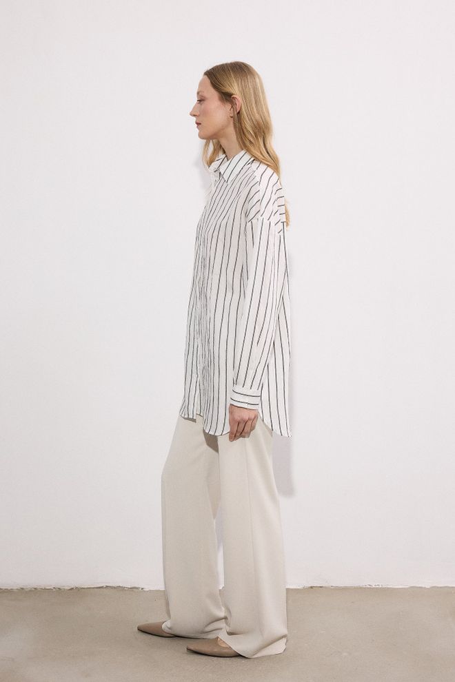 Touche Prive White Oversized Fit Striped Polo Neck Shirt Wholesale Clothing Spring