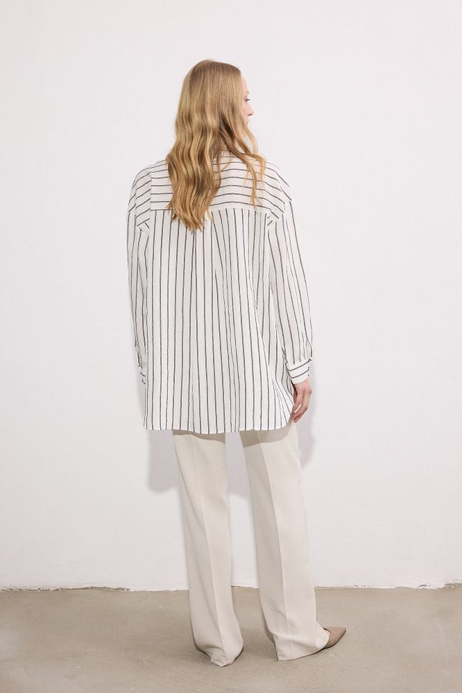 Touche Prive White Oversized Fit Striped Polo Neck Shirt Wholesale Clothing Formal