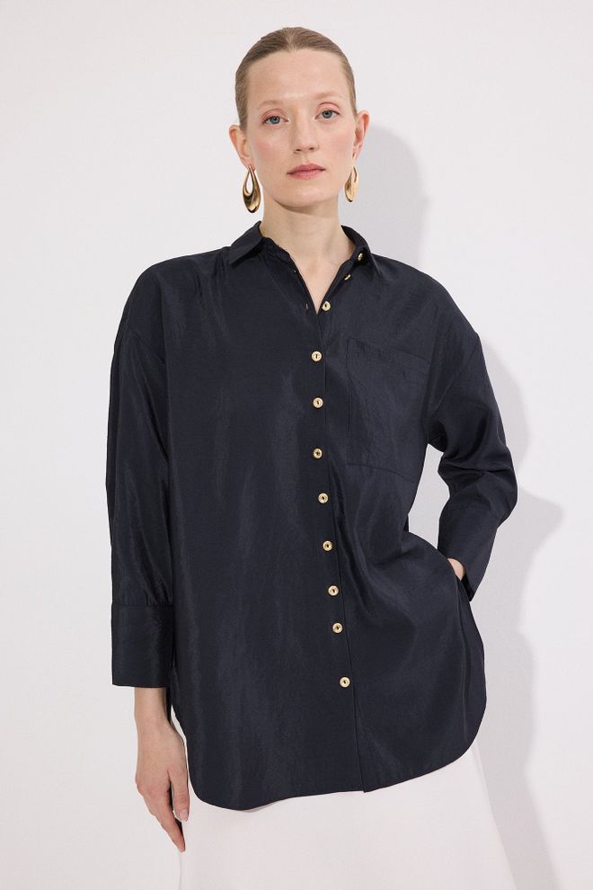 Touche Prive Black Oversized Fit Buttoned Polo Neck Shirt Wholesale Clothing 1