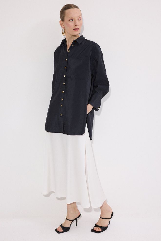 Touche Prive Črna Majica Z Gumbi Polo Ovratnik Oversized Dolga Oblačila na debelo Ležerno