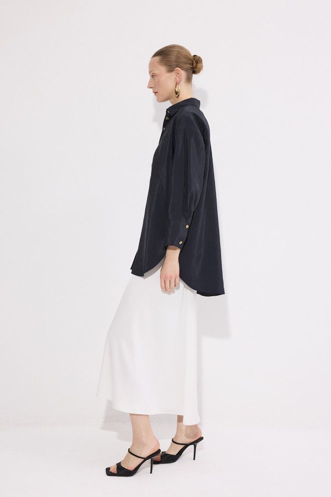 Touche Prive Black Oversized Fit Buttoned Polo Neck Shirt Wholesale Clothing Formal