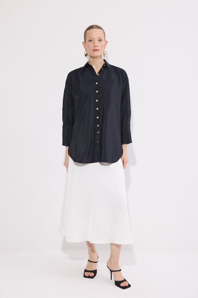 Touche Prive Black Oversized Fit Buttoned Polo Neck Shirt Wholesale Clothing Spring