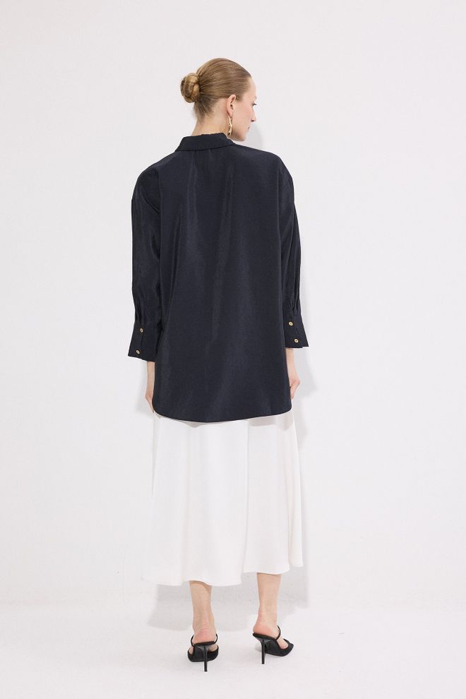 Touche Prive Black Oversized Fit Buttoned Polo Neck Shirt Wholesale Clothing 5