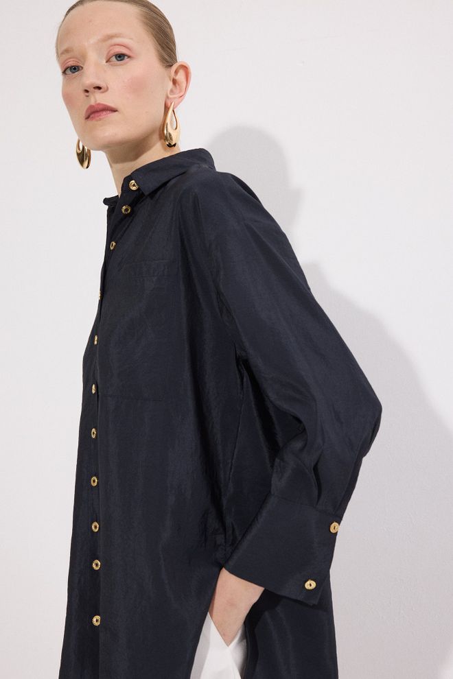 Touche Prive Black Oversized Fit Buttoned Polo Neck Shirt Wholesale Clothing Work