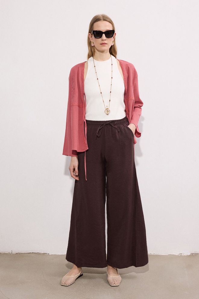Touche Prive Brown Palazzo Pants With Wide Leg And Drawstring Wholesale Clothing Spring