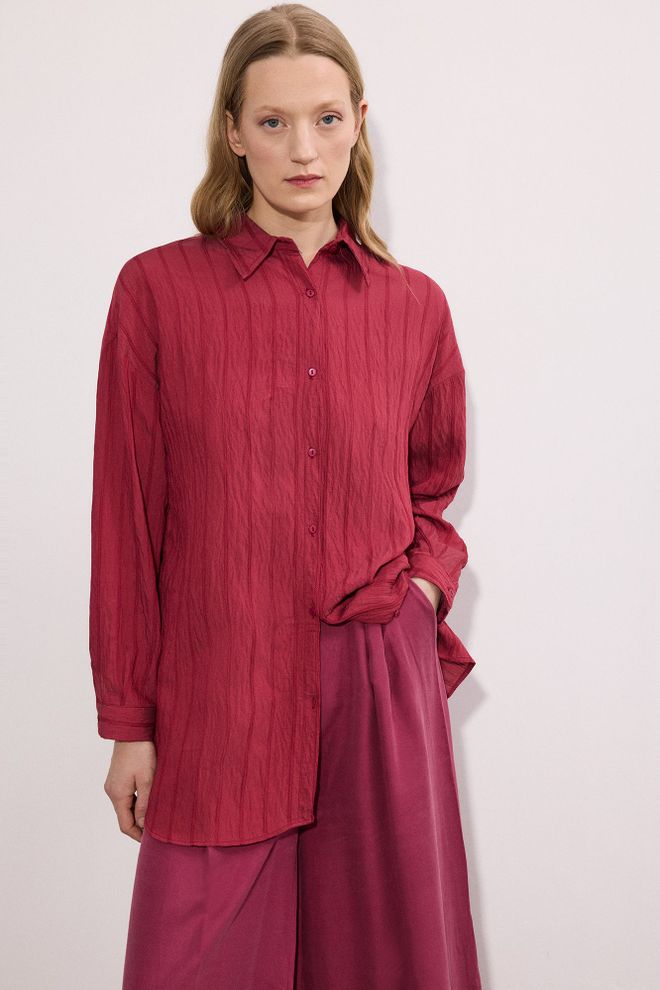 Touche Prive Bordeauxrood Gestreept Oversized Shirt Groothandel Kleding 1