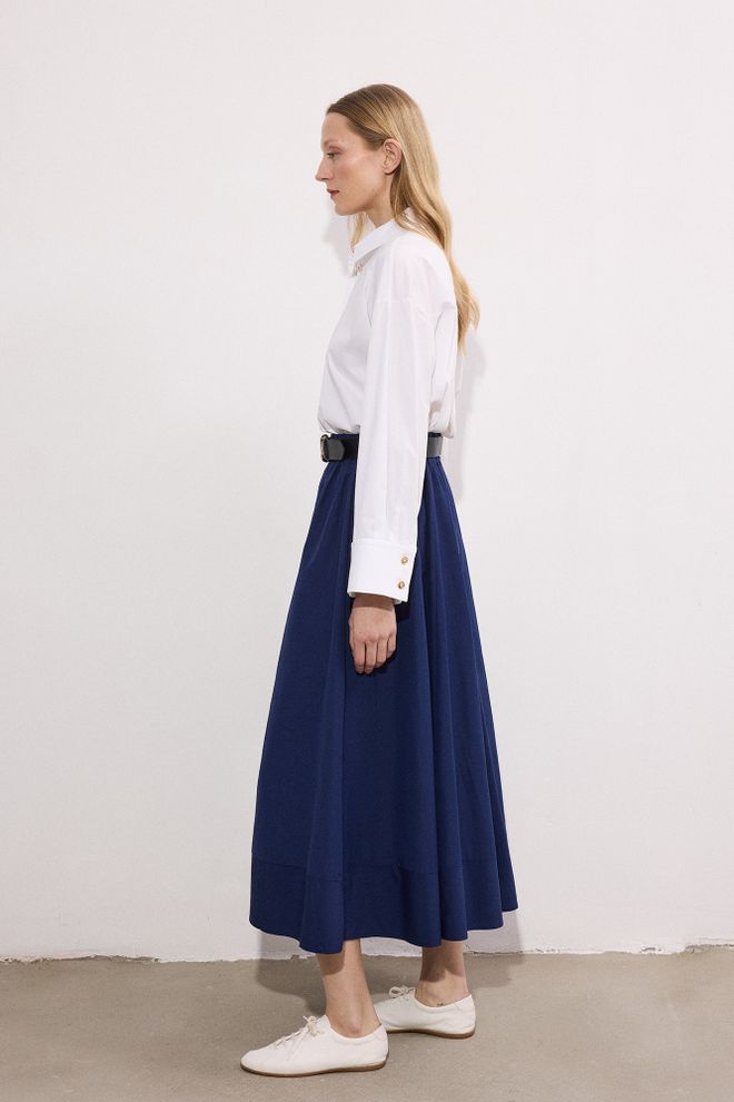 Touche Prive Saia Maxi Azul marinho Corte A Com Cintura Alta Roupas por atacado Primavera