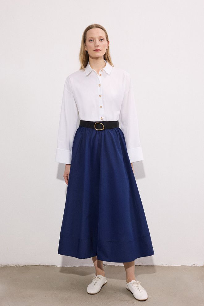 Touche Prive Saia Maxi Azul marinho Corte A Com Cintura Alta Roupas por atacado A relaxar