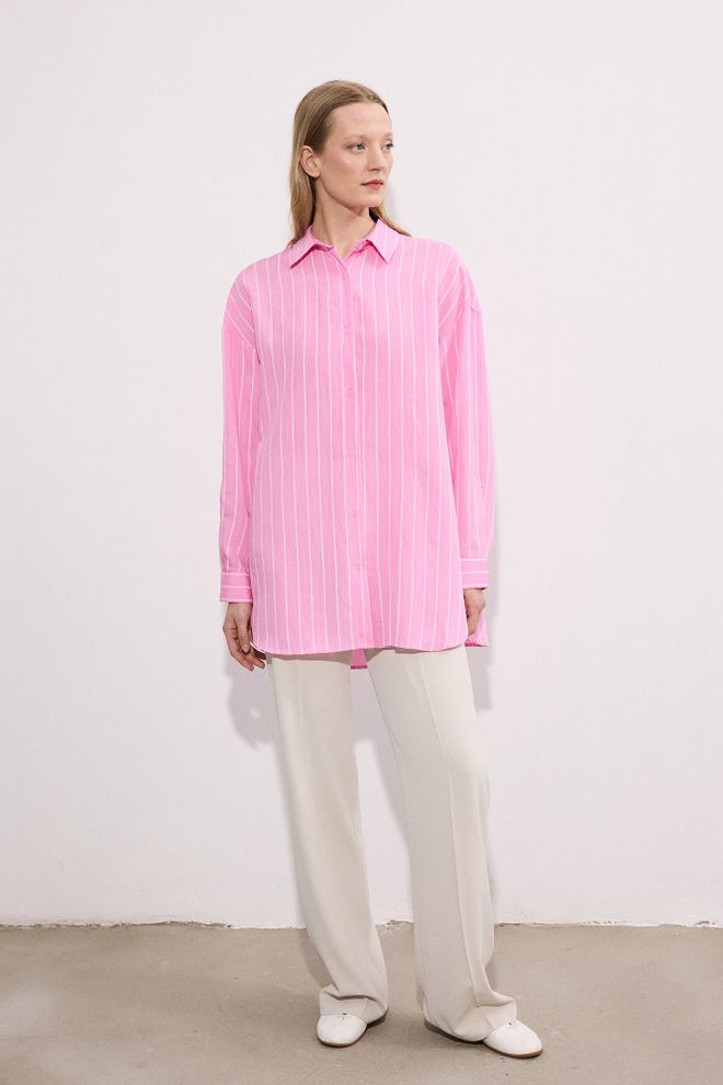Touche Prive Pink Oversized Striped Polo Neck Shirt Wholesale Clothing Spring