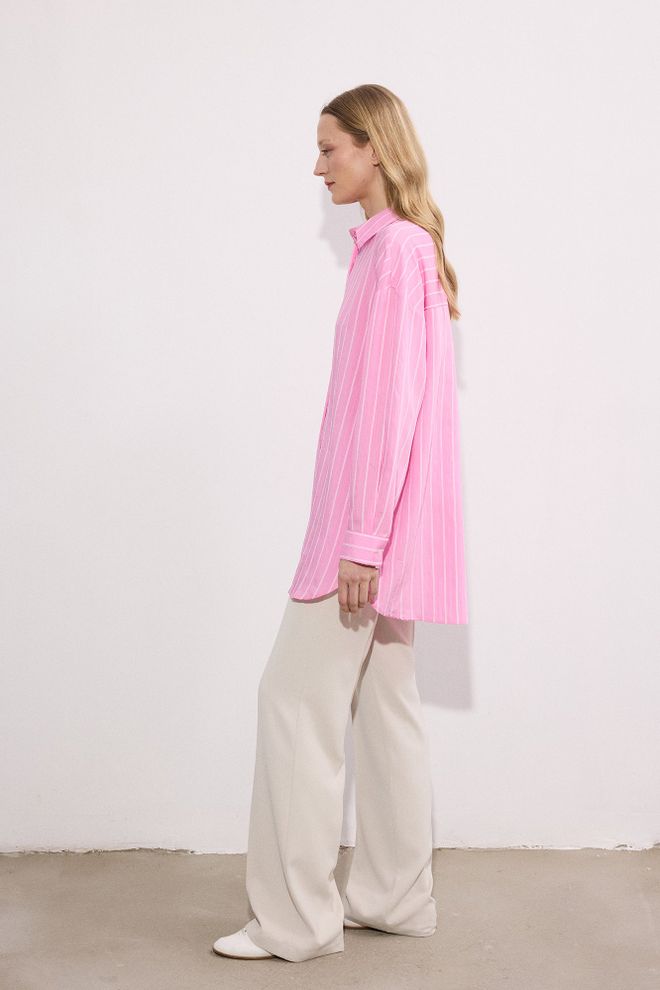 Touche Prive Pink Oversized Striped Polo Neck Shirt Wholesale Clothing Formal