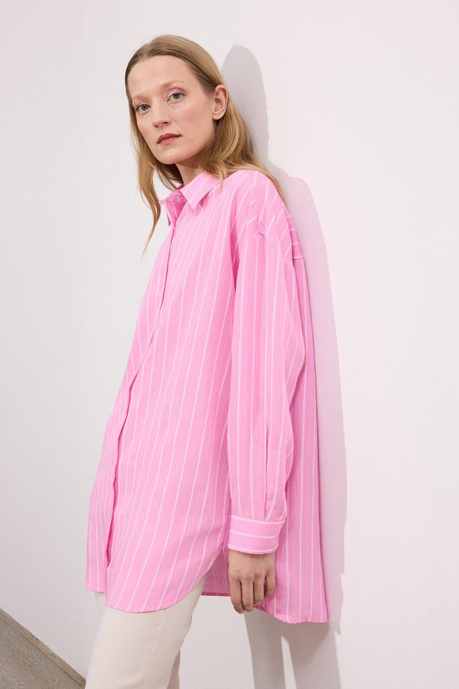 Touche Prive Pink Oversized Striped Polo Neck Shirt Wholesale Clothing 1