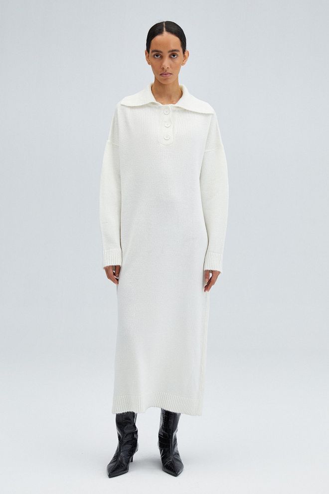 Touche Prive Biele Svetrové Šaty S Polo Výstrihom Elegantné Midi Veľkoobchod s oblečením Skromný