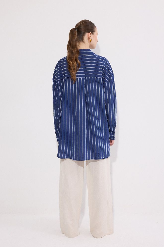 Touche Prive قميص أزرق مخطط غير رسمي وأنيق ملابس بالجملة غير رسمي