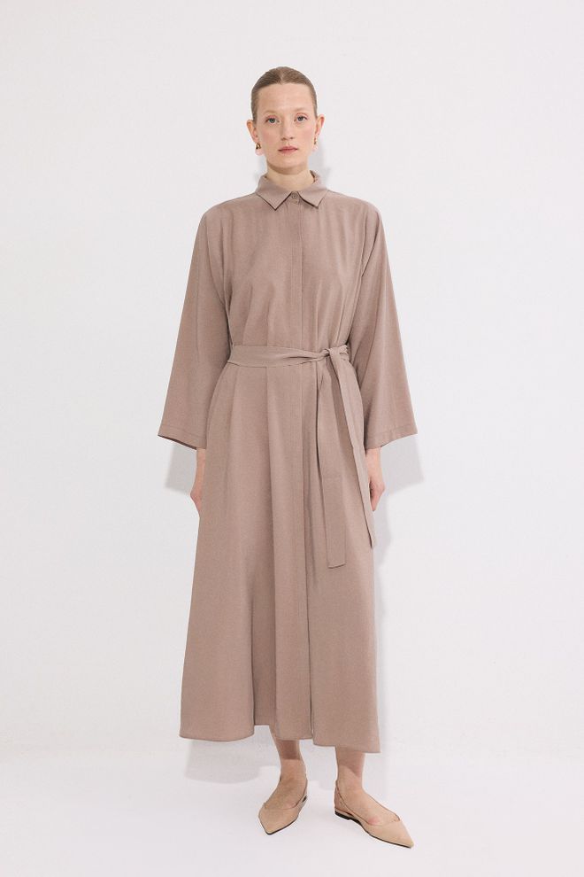 Touche Prive Béžové Skromné Elegantné Neformálne Formálne Košeľové Midi Šaty S Vrúbkovaným Golierom Veľkoobchod s oblečením Skromný