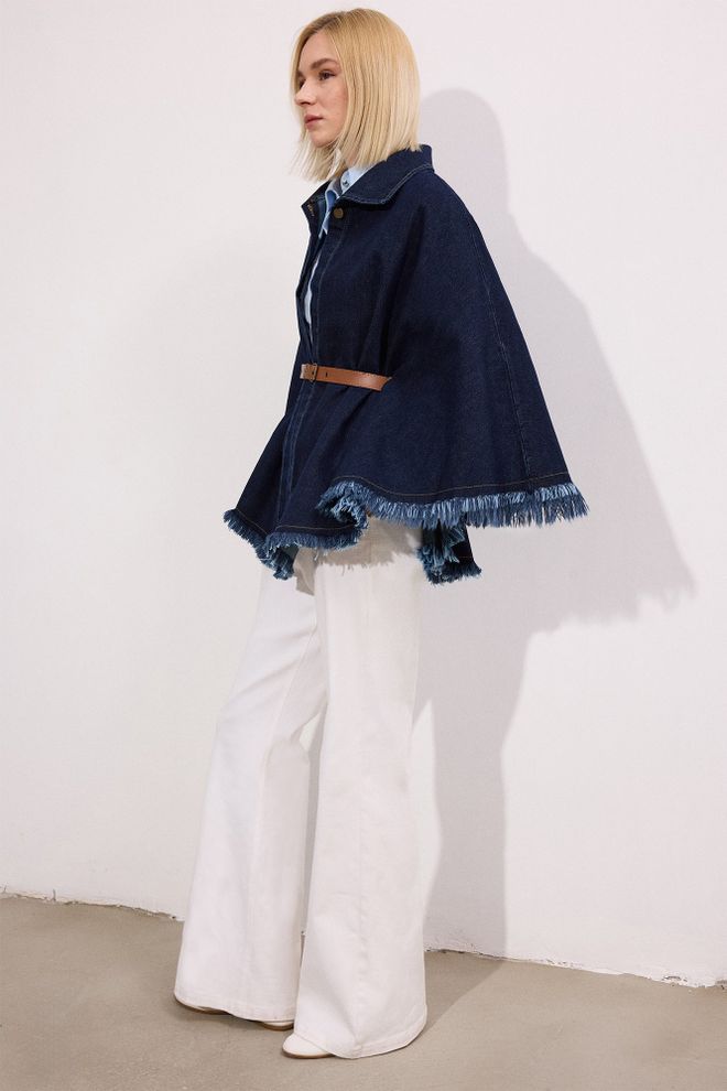 Touche Prive Blue Oversized Fit Casual Boho Poncho Wholesale Clothing Casual