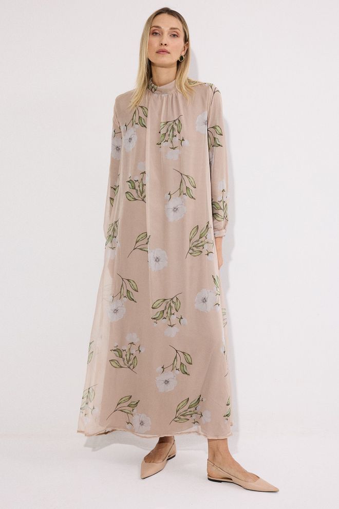 Touche Prive Béžové Kvetinové Áčkové Maxi Šaty S Dlhým Rukávom Veľkoobchod s oblečením Skromný