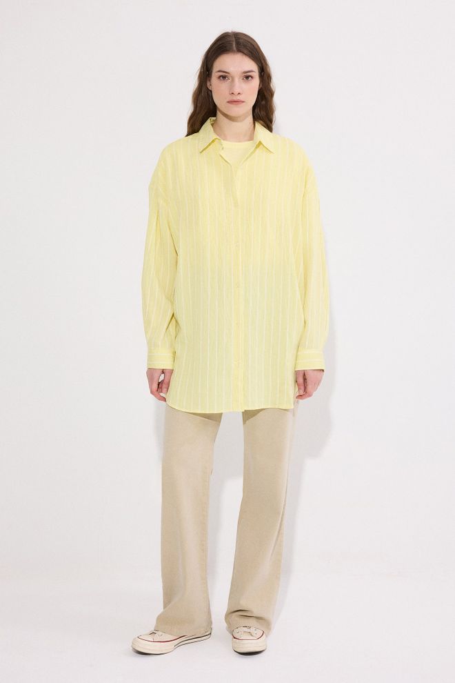 Touche Prive Camisa Amarela Casual Preppy Listrada Oversized Com Botões E Manga Comprida Roupas por atacado Casual