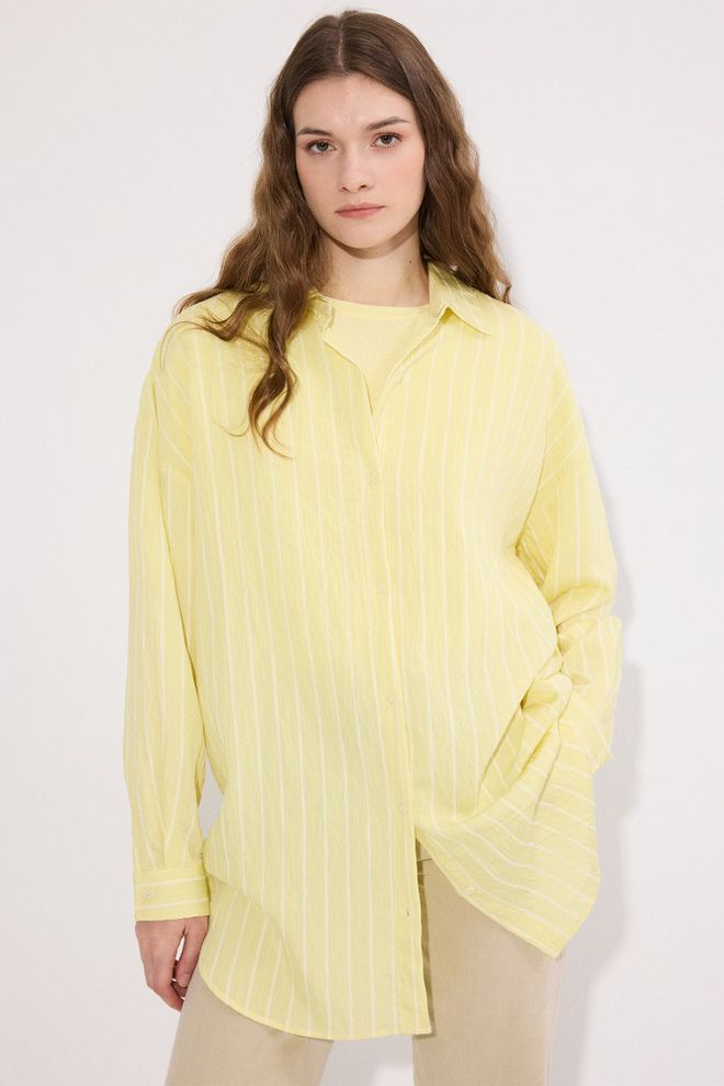 Touche Prive Yellow Casual Preppy Striped Oversized Shirt Wholesale Clothing Spring