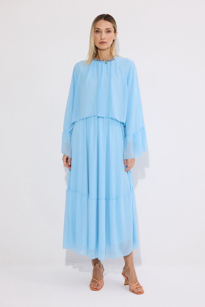 Touche Prive Синя Елегантна Рокля До Земята С Ластик Дрехи на едро Скромна мода