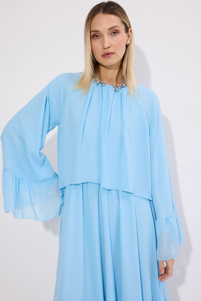 Touche Prive Blauwe Elegante Vloerlange Smock Jurk Groothandel Kleding Werk