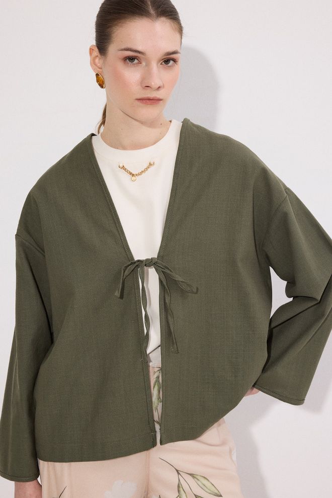 Touche Prive Khaki Kimono With Tie Closure And Oversized Fit Wholesale Clothing Vintage
