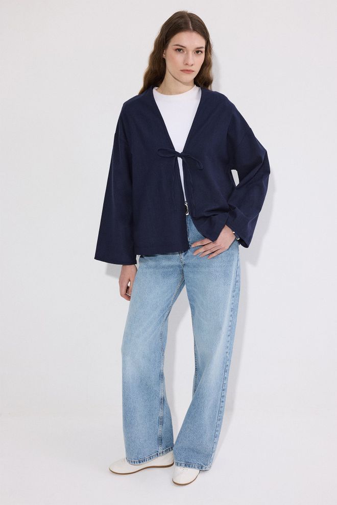 Touche Prive Navy Blue Casual Kimono With V Neck & Tie Closure Wholesale Clothing 1