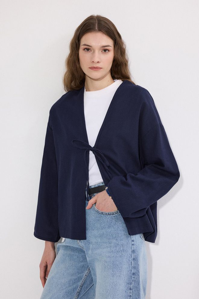 Touche Prive Navy Blue Casual Kimono With V Neck & Tie Closure Wholesale Clothing Lounge