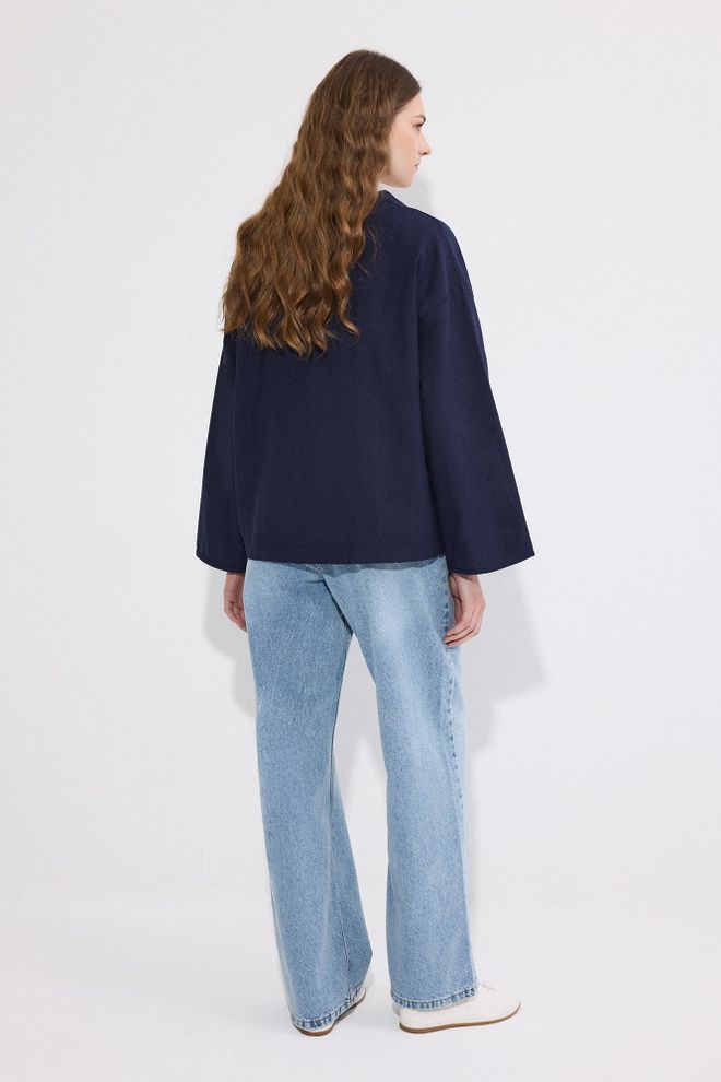 Touche Prive Navy Blue Casual Kimono With V Neck & Tie Closure Wholesale Clothing Spring