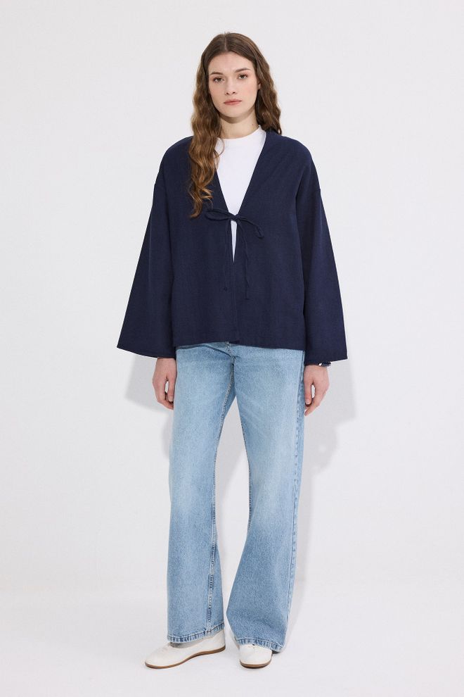 Touche Prive Navy Blue Casual Kimono With V Neck & Tie Closure Wholesale Clothing Casual