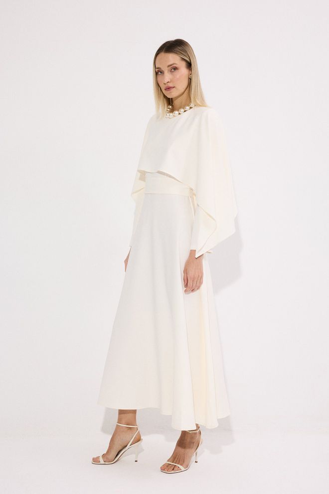 Touche Prive Elegante Witte A lijn Jurk Met Cape Mouwen Groothandel Kleding Bescheiden