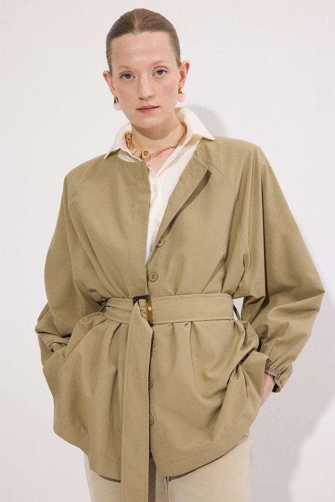 Touche Prive Gabardina Beige Un Solo Pecho Con Cuello En Punta Ropa al por mayor Casual