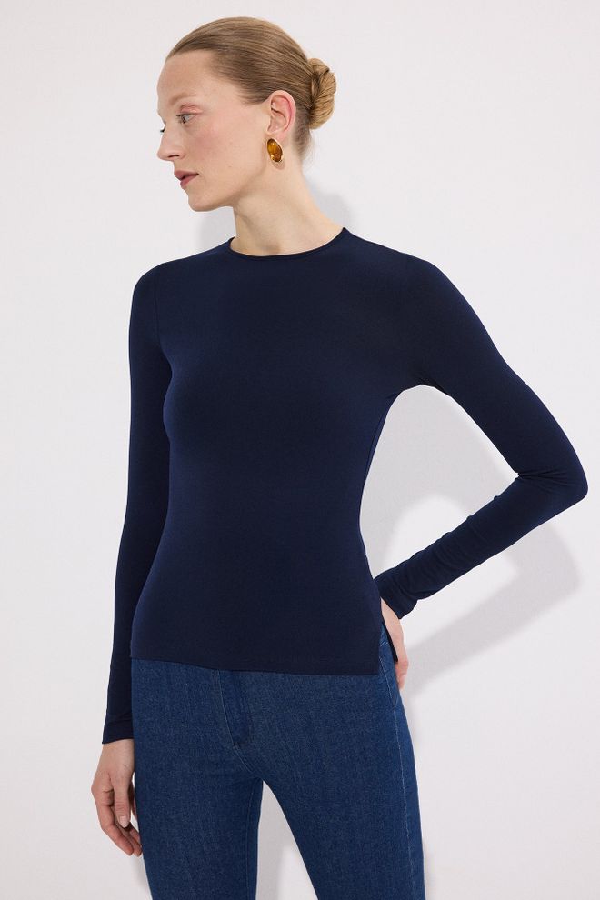 Touche Prive Navy Blue Blouse With Long Sleeves And Slim Fit Wholesale Clothing Work