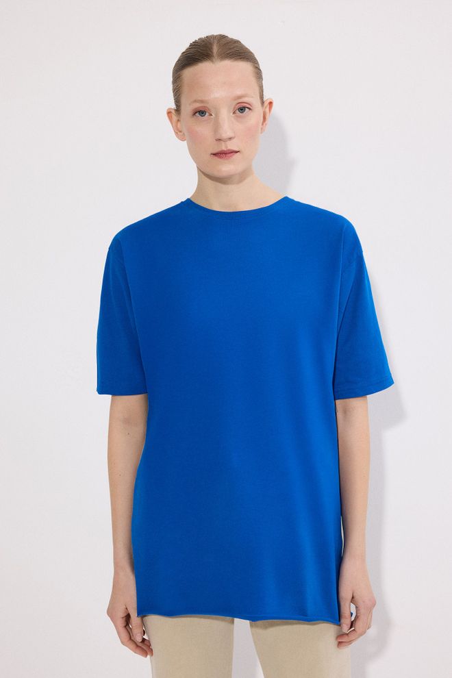 Touche Prive Blue Casual Oversized Fit Shirt With Crew Neck Wholesale Clothing Spring