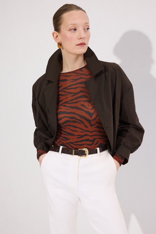 Touche Prive Brown Animal Print Slim Fit Blouse Wholesale Clothing 1