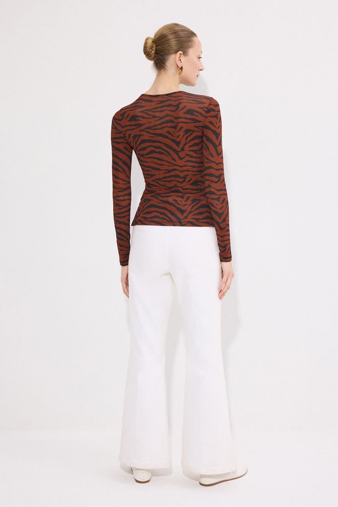 Touche Prive Brown Animal Print Slim Fit Blouse Wholesale Clothing Work