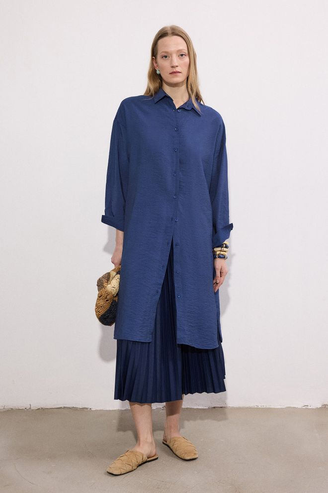 Touche Prive Navy Blue Oversized Polo Neck Shirt Wholesale Clothing 1