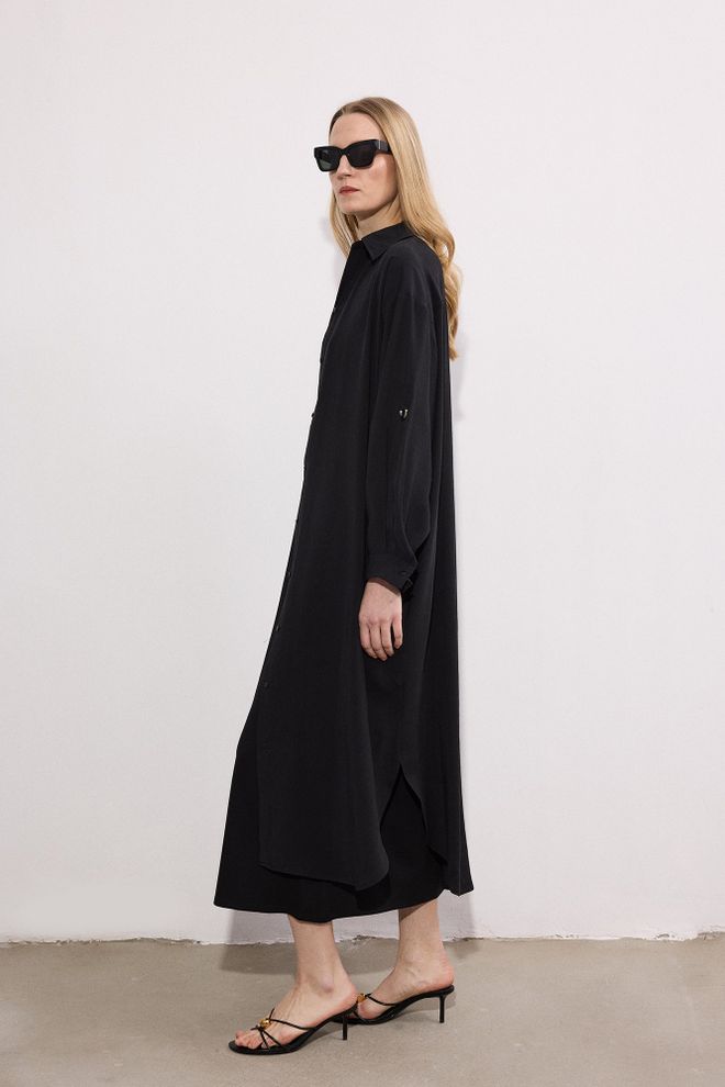 Touche Prive Elegant Black Shirt Dress With High Neck And Long Sleeves Wholesale Clothing 1