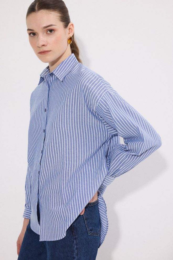 Touche Prive Chemise Bleu Décontractée Chic Rayée Col Polo Vêtements en gros Décontracté