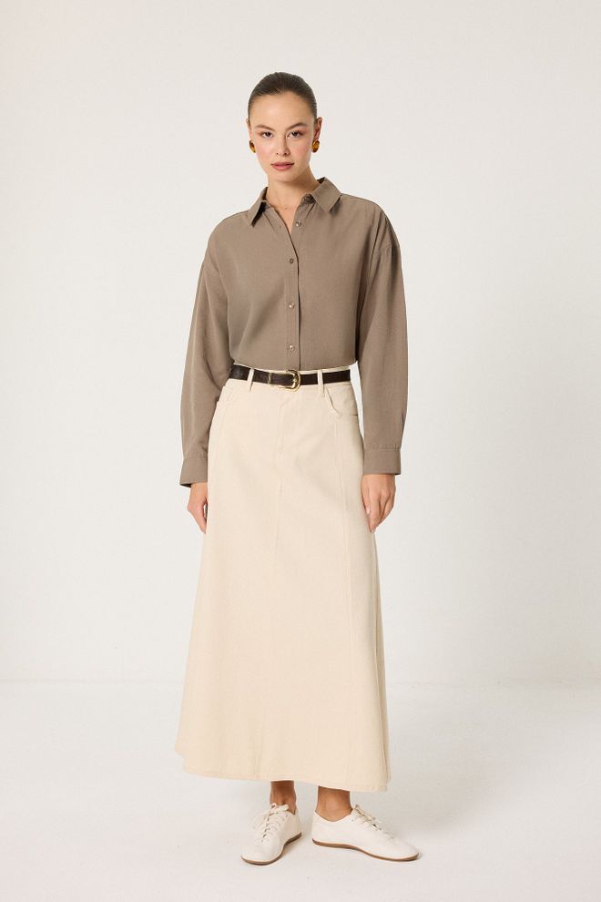 Touche Prive Béžová Maxi Sukňa Áčková So Šikmým Vreckom A Vysokým Pásom Veľkoobchod s oblečením Skromný