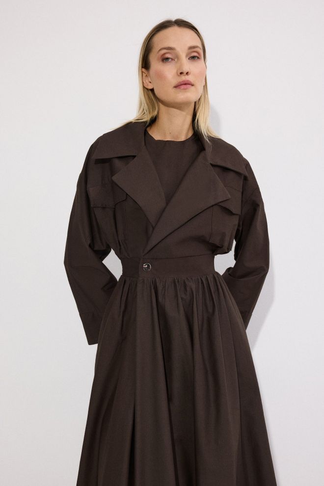 Touche Prive Rjava Ovitek Obleka Z Zarezanim Vratom In Dolgimi Rokavi Oblačila na debelo Ležerno