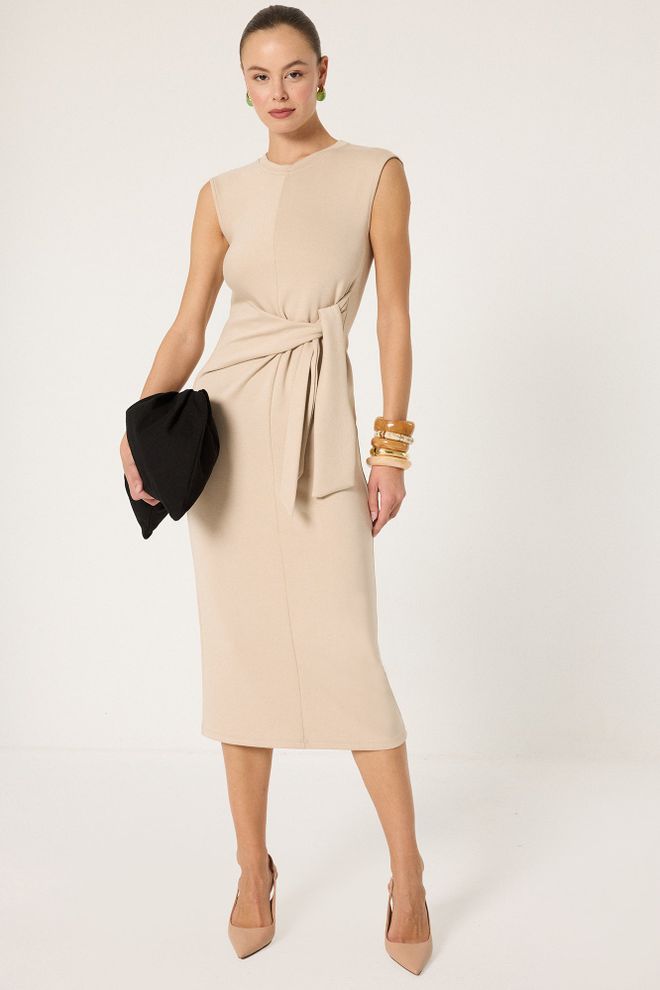 Touche Prive Beige Elegante Midi Schede Jurk Voor Werk & Cocktail Groothandel Kleding Formeel