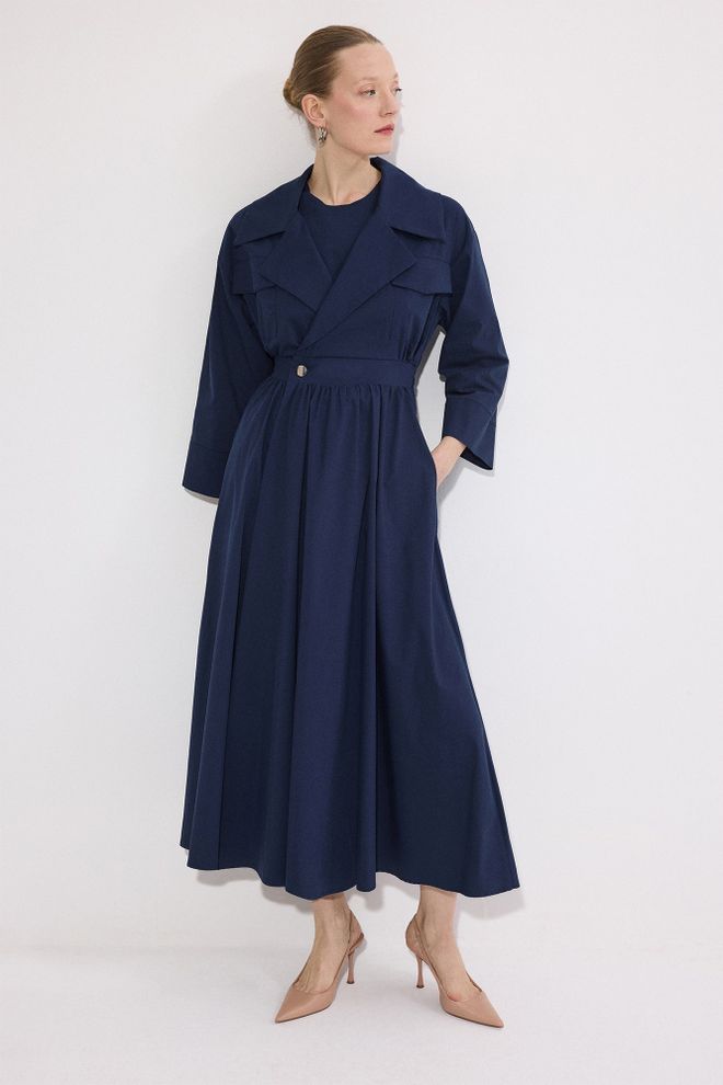 Touche Prive Mornarsko Modra Eleganten Formalno Blazer Obleka Midi Šal Ovratnik Oblačila na debelo Pomlad