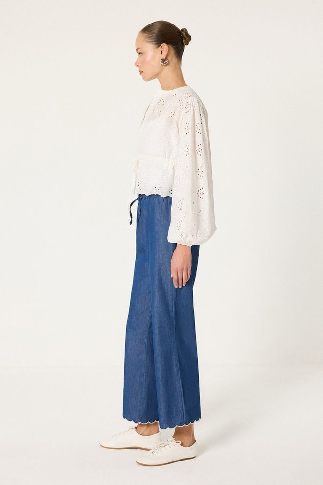 Touche Prive Blaue Hose – Hohe Taille Weites Bein Cropped Culottes Großhandelskleidung Lässig