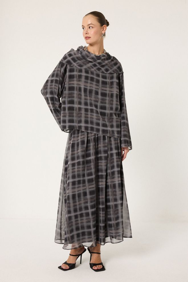 Touche Prive Black Elegant Checkered Set With Maxi Flared Skirt Wholesale Clothing Casual