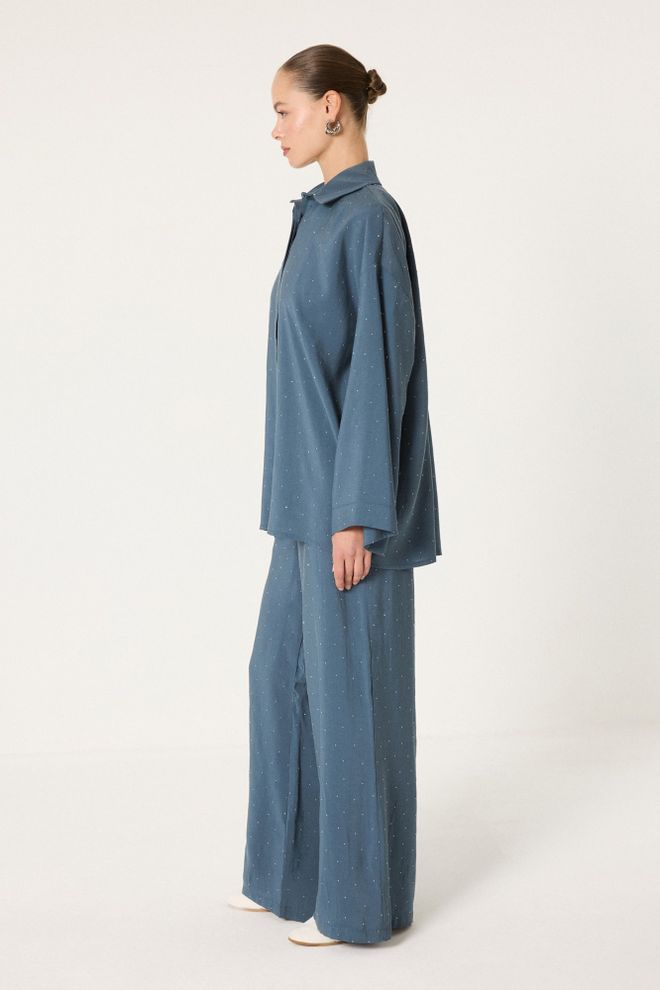 Touche Prive Blue Oversized Polka Dot Set With Palazzo Pants Wholesale Clothing Modest