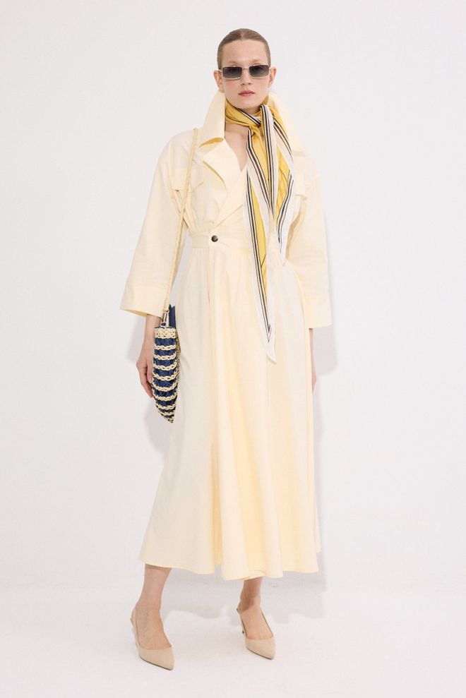 Touche Prive Beżowa Elegancka Marynarka Sukienka Z Szalowym Kołnierzem Midi Hurtowa sprzedaż odzieży Formalny