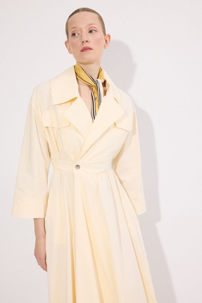 Touche Prive Bež Eleganten Blazer Obleka S Šal Ovratnikom Midi Oblačila na debelo Pomlad