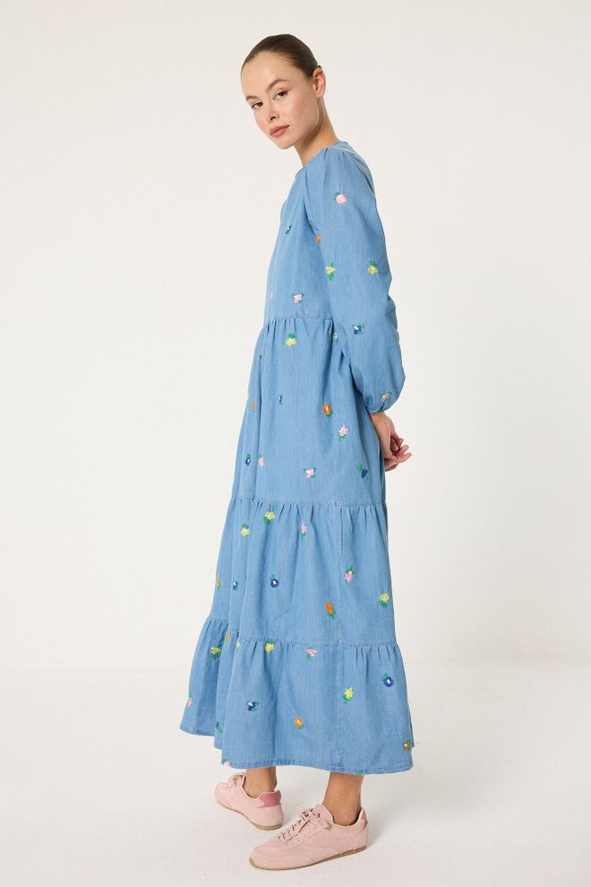 Touche Prive Vestito Lungo Maxi Floreale Blu A Linea A Con Maniche Lunghe Abbigliamento all'ingrosso Modesto